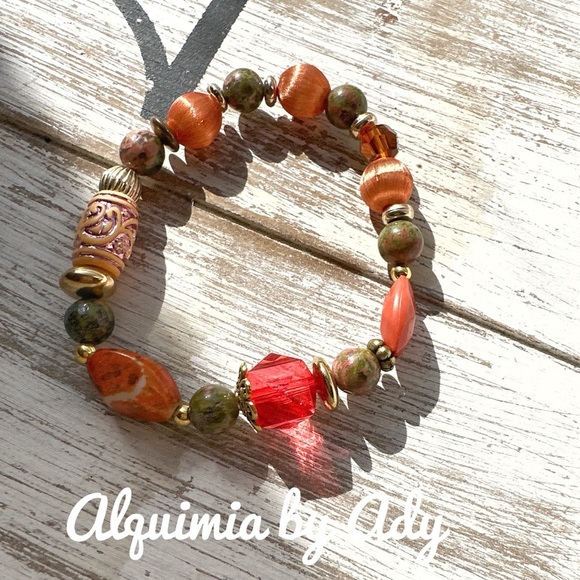 Unakite vintage gold statement beaded bangle handmade bracelet - Picture 1 of 8